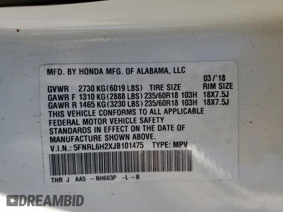 2018 Honda Odyssey LX with VIN 5FNRL6H2XJB101475, listed as a Copart auction lot 47706735 with 91,659 mi miles and Salvage Title. Bid and sale history available at carsss.com. Image 13.