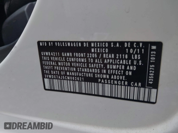 2012 Volkswagen Jetta SE с VIN 3VWDX7AJ5CM062621, выставлен на аукционе IAAI как лот 42365957 с пробегом 95 374 миль миль и . История ставок и продаж доступна на DreamBid. Изображение 9.
