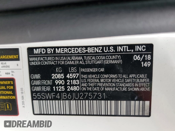 2018 Mercedes-Benz C 300 z VIN 55SWF4JB6JU275731, wystawiony jako Copart lot #55496575 z przebiegiem 51 107 mil mil oraz Szkoda całkowita • Salvage title. Historia ofert i sprzedaży dostępna na DreamBid. Obrazek 12.