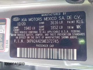 2021 Kia Rio LX with VIN 3KPA24AD5ME372745, listed as a IAAI auction lot 41633392 with 72,523 mi miles. Bid and sale history available at carsss.com. Image 9.