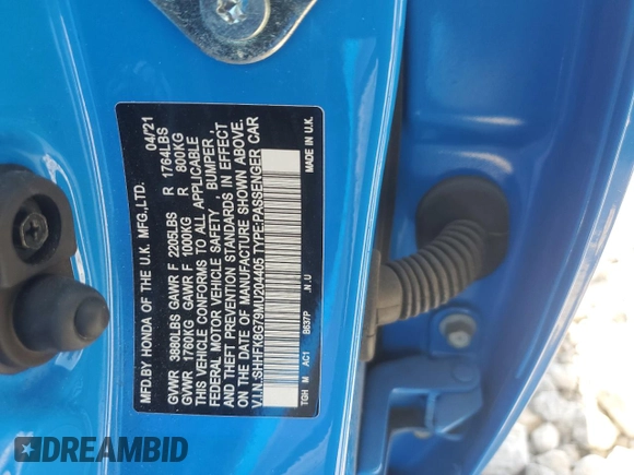 2021 Honda Civic Type R Touring z VIN SHHFK8G79MU204405, wystawiony jako Copart lot #71050684 z przebiegiem 18 934 mil mil oraz Szkoda całkowita • Salvage title. Historia ofert i sprzedaży dostępna na DreamBid. Obrazek 13.