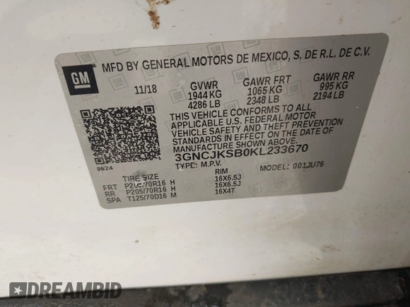 2019 Chevrolet Trax LS with VIN 3GNCJKSB0KL233670, listed as a IAAI auction lot 42161810 with 131,486 mi miles. Bid and sale history available at carsss.com. Image 9.