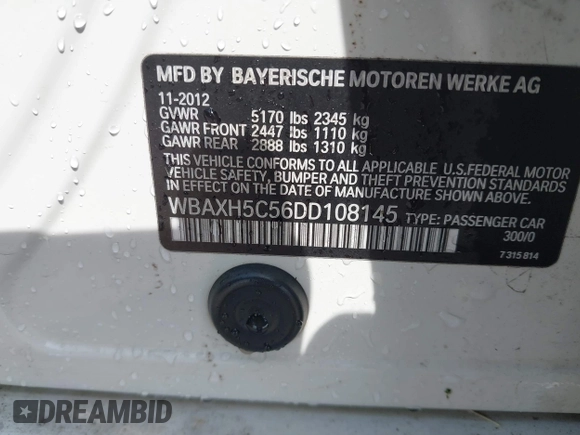 2013 BMW 5 Series 528i xDrive with VIN WBAXH5C56DD108145, listed as a IAAI auction lot 42606395 with 134,747 mi miles and . Bid and sale history available at DreamBid. Image 9.