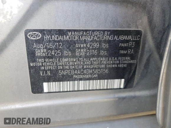 2013 Hyundai Sonata GLS z VIN 5NPEB4AC4DH585156, wystawiony jako Copart lot #58865225 z przebiegiem 142 382 mil mil oraz Szkoda całkowita • Salvage title. Historia ofert i sprzedaży dostępna na DreamBid. Obrazek 12.