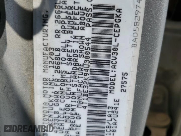 2004 Toyota Camry LE with VIN 4T1BE32K94U300544, listed as a Copart auction lot 60529005 with 223,940 mi miles and Clean title. Bid and sale history available at DreamBid. Image 12.