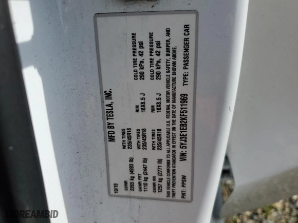 2019 Tesla Model 3 Long Range with VIN 5YJ3E1EB2KF511969, listed as a Copart auction lot 51994515 with 108,934 mi miles and Salvage Title. Bid and sale history available at carsss.com. Image 14.