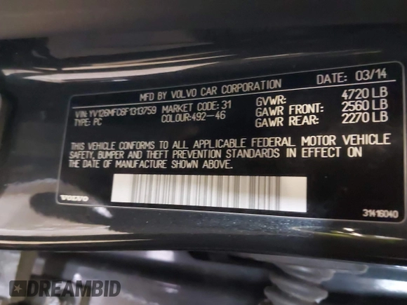 2015 Volvo S60 T5 Drive-E Premier Plus with VIN YV126MFC6F1313759, listed as a IAAI auction lot 41748305 with 43,491 mi miles and . Bid and sale history available at DreamBid. Image 9.