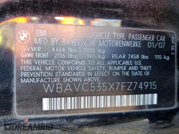 2007 BMW 3 Series 328i with VIN WBAVC535X7FZ74915, listed as a Copart auction lot 82082744 with 143,304 mi miles and Salvage Title. Bid and sale history available at carsss.com. Image 14.