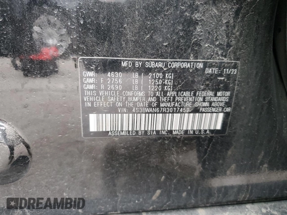 2024 Subaru Legacy Limited z VIN 4S3BWAN67R3017450, wystawiony jako Copart lot #85644724 z przebiegiem 11 125 mil mil oraz Szkoda całkowita • Salvage title. Historia ofert i sprzedaży dostępna na DreamBid. Obrazek 12.