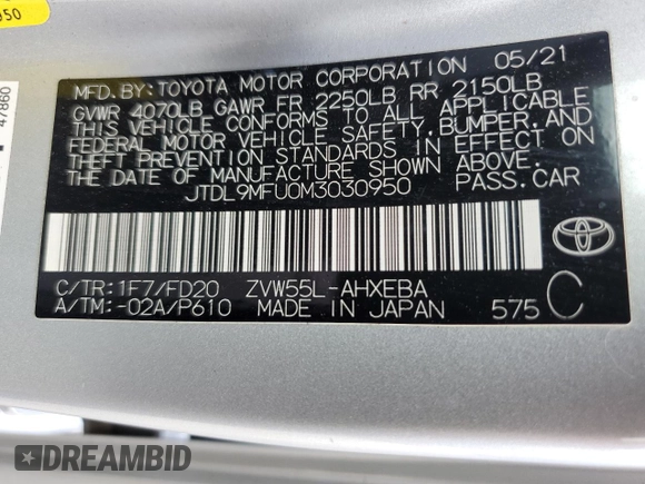 2021 Toyota Prius LE with VIN JTDL9MFU0M3030950, listed as a Copart auction lot 64421325 with 46,235 mi miles and Salvage title. Bid and sale history available at DreamBid. Image 12.