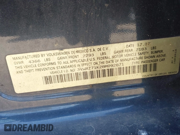 2008 Volkswagen Jetta SE with VIN 3VWRZ71K28M092871, listed as a IAAI auction lot 42059585 with Not provided miles and . Bid and sale history available at DreamBid. Image 9.