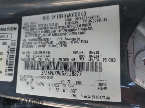 2016 Ford Fusion Titanium with VIN 3FA6P0K98GR158877, listed as a IAAI auction lot 41994013 with 57,027 mi miles and . Bid and sale history available at DreamBid. Image 9.