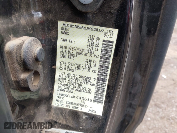 2011 Nissan Frontier S with VIN 1N6BD0CT3BC445639, listed as a IAAI auction lot 42032646 with 197,457 mi miles and . Bid and sale history available at DreamBid. Image 9.