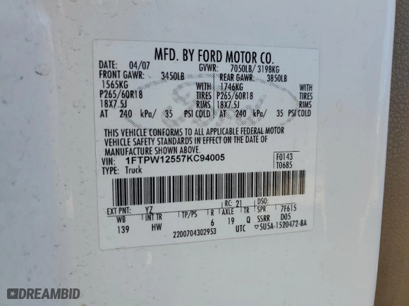 2007 Ford F-150 XLT with VIN 1FTPW12557KC94005, listed as a Copart auction lot 46897305 with 0 mi miles and Salvage Title. Bid and sale history available at carsss.com. Image 12.