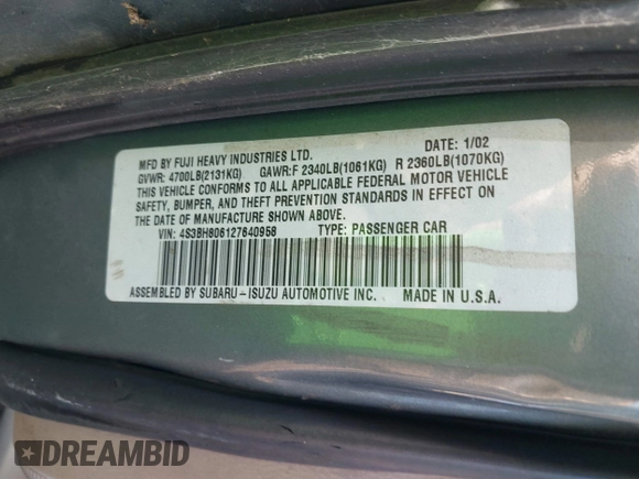 2002 Subaru Legacy Outback L.L. Bean with VIN 4S3BH806127640958, listed as a IAAI auction lot 41476996 with 199,008 mi miles and . Bid and sale history available at DreamBid. Image 9.