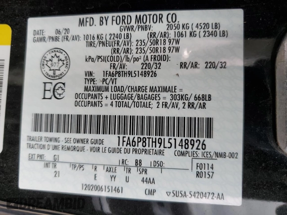 2020 Ford Mustang EcoBoost with VIN 1FA6P8TH9L5148926, listed as a Copart auction lot 58196834 with Not Provided miles and Salvage Title. Bid and sale history available at carsss.com. Image 12.