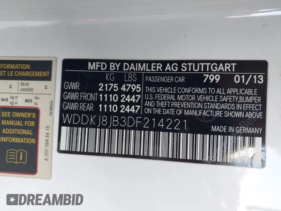 2013 Mercedes-Benz E-Class E 350 with VIN WDDKJ8JB3DF214221, listed as a IAAI auction lot 41812003 with 150,572 mi miles. Bid and sale history available at carsss.com. Image 9.