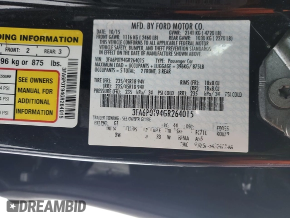 2016 Ford Fusion SE with VIN 3FA6P0T94GR264015, listed as a Copart auction lot 46401445 with 121,188 mi miles and Salvage Title. Bid and sale history available at carsss.com. Image 13.