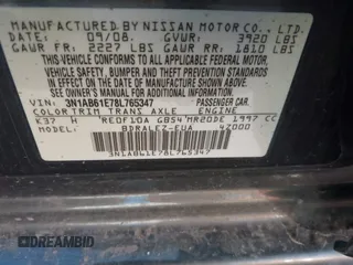 2008 Nissan Sentra S with VIN 3N1AB61E78L765347, listed as a IAAI auction lot 42193054 with 128,681 mi miles and . Bid and sale history available at DreamBid. Image 9.