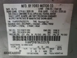2013 Ford Taurus Limited with VIN 1FAHP2F87DG232170, listed as a Copart auction lot 55385855 with 166,787 mi miles and Salvage Title. Bid and sale history available at DreamBid. Image 13.