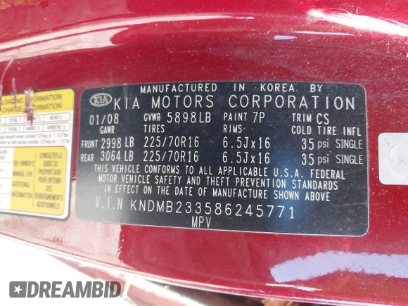 2008 Kia Sedona LX with VIN KNDMB233586245771, listed as a IAAI auction lot 41779801 with 141,157 mi miles. Bid and sale history available at carsss.com. Image 9.