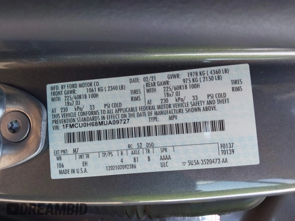2021 Ford Escape SEL с VIN 1FMCU0H68MUA09727, выставлен на аукционе IAAI как лот 41961676 с пробегом 147 367 миль миль и . История ставок и продаж доступна на DreamBid. Изображение 9.