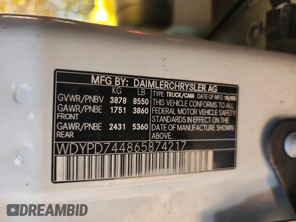 2006 Freightliner Sprinter with VIN WDYPD744865874217, listed as a Copart auction lot 82577704 with 253,844 mi miles and Clean Title. Bid and sale history available at DreamBid. Image 10.