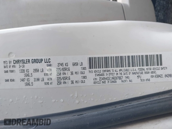 2010 Dodge Grand Caravan SE with VIN 2D4RN4DE1AR207867, listed as a IAAI auction lot 41826730 with 273,438 mi miles and . Bid and sale history available at DreamBid. Image 9.
