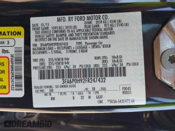 2015 Ford Fusion SE z VIN 3FA6P0H92FR247432, wystawiony jako IAAI lot #42044461 z przebiegiem 148 616 mil mil oraz . Historia ofert i sprzedaży dostępna na DreamBid. Obrazek 9.