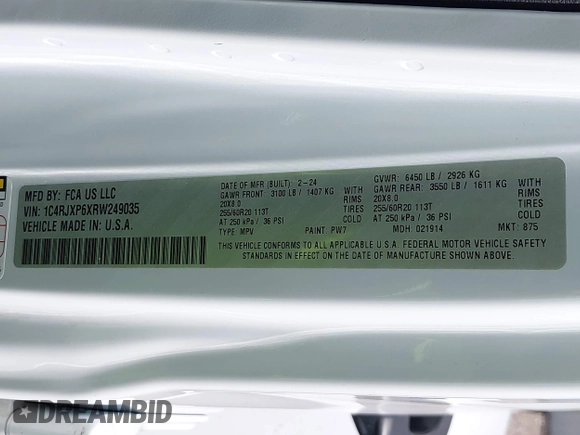 2024 Jeep Wrangler Sahara z VIN 1C4RJXP6XRW249035, wystawiony jako IAAI lot #42441640 z przebiegiem 34 128 mil mil oraz . Historia ofert i sprzedaży dostępna na DreamBid. Obrazek 9.