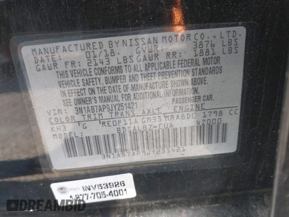 2018 Nissan Sentra S with VIN 3N1AB7AP9JY251421, listed as a IAAI auction lot 41808771 with 95,245 mi miles. Bid and sale history available at carsss.com. Image 9.