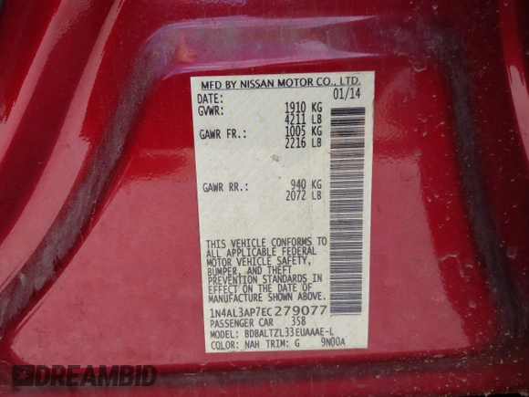 2014 Nissan Altima S with VIN 1N4AL3AP7EC279077, listed as a IAAI auction lot 42169147 with 54,811 mi miles and . Bid and sale history available at carsss.com. Image 9.