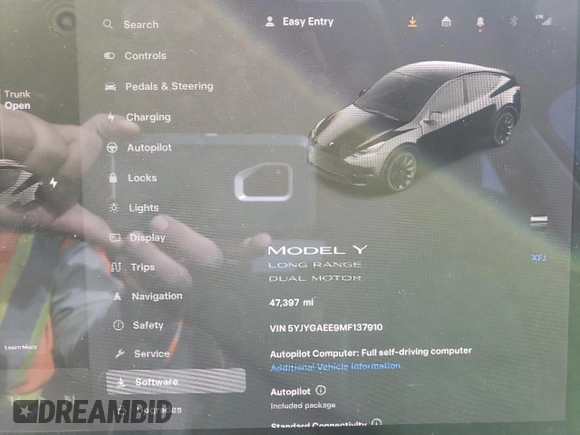 2021 Tesla Model Y Long Range with VIN 5YJYGAEE9MF137910, listed as a Copart auction lot 81921303 with 47,397 mi miles and Salvage Title. Bid and sale history available at DreamBid. Image 9.