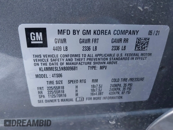 2022 Buick Encore GX Select with VIN KL4MMESL5NB009681, listed as a IAAI auction lot 41157072 with 34,403 mi miles and . Bid and sale history available at DreamBid. Image 9.