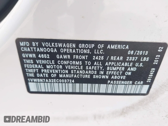 2014 Volkswagen Passat SE z VIN 1VWBN7A32EC003724, wystawiony jako IAAI lot #41890800 z przebiegiem 117 070 mil mil oraz . Historia ofert i sprzedaży dostępna na DreamBid. Obrazek 9.