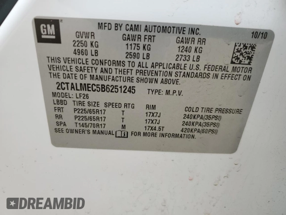 2011 GMC Terrain SLE-1 with VIN 2CTALMEC5B6251245, listed as a Copart auction lot 57318125 with 113,243 mi miles and Salvage title. Bid and sale history available at DreamBid. Image 13.