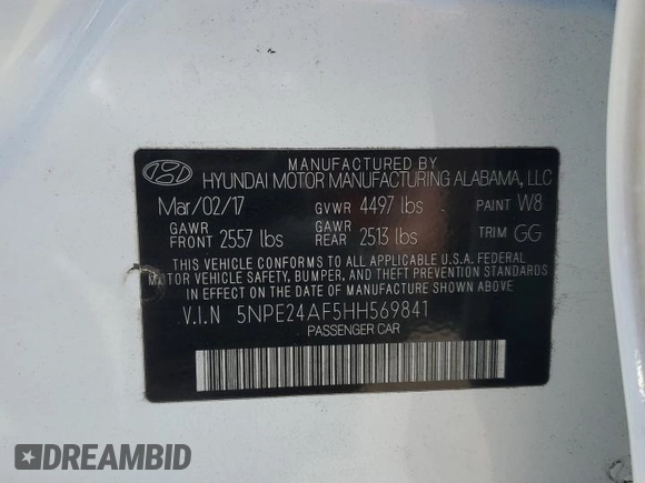 2017 Hyundai Sonata 2.4L with VIN 5NPE24AF5HH569841, listed as a Copart auction lot 53969815 with 45,993 mi miles and Salvage Title. Bid and sale history available at DreamBid. Image 12.
