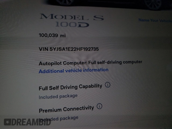 2017 Tesla Model S 100D with VIN 5YJSA1E22HF192735, listed as a Copart auction lot 88709355 with 100,039 mi miles and Salvage Title. Bid and sale history available at carsss.com. Image 9.