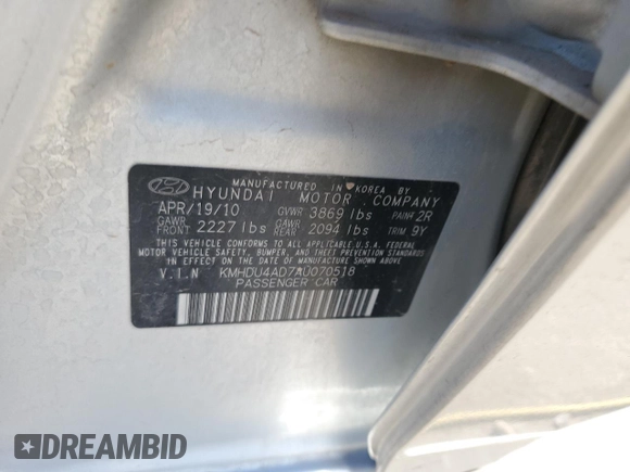 2010 Hyundai Elantra GLS z VIN KMHDU4AD7AU070518, wystawiony jako Copart lot #56536345 z przebiegiem 229 961 mil mil oraz Szkoda całkowita • Salvage title. Historia ofert i sprzedaży dostępna na DreamBid. Obrazek 12.
