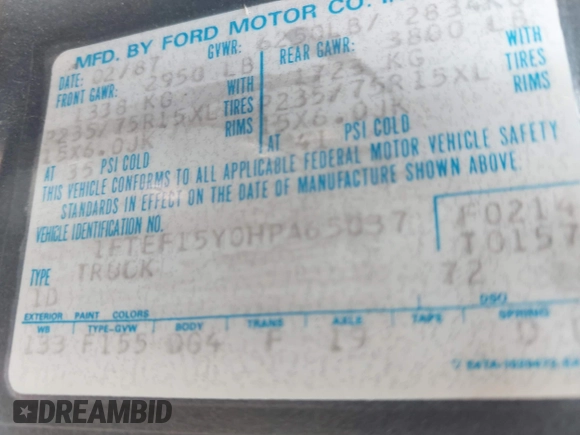 1987 Ford F-150 with VIN 1FTEF15Y0HPA65037, listed as a IAAI auction lot 42531983 with 9,719 mi miles and . Bid and sale history available at DreamBid. Image 9.