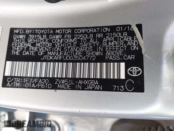2016 Toyota Prius Four with VIN JTDKARFU0G3504772, listed as a IAAI auction lot 41986601 with 33,165 mi miles. Bid and sale history available at carsss.com. Image 9.