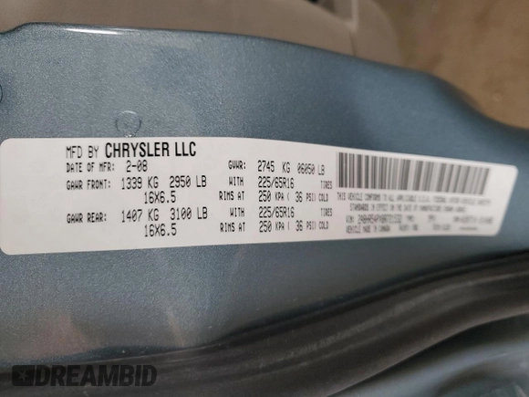 2008 Chrysler Town & Country Touring with VIN 2A8HR54PX8R721532, listed as a Copart auction lot 55609785 with 224,969 mi miles and Salvage Title. Bid and sale history available at DreamBid. Image 13.