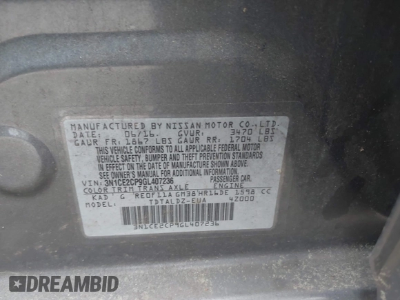 2016 Nissan Note SV with VIN 3N1CE2CP9GL407236, listed as a IAAI auction lot 41908426 with 102,404 mi miles and . Bid and sale history available at DreamBid. Image 9.