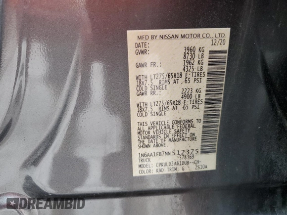 2021 Nissan Titan Pro-4X с VIN 1N6AA1FB7MN512375, выставлен на аукционе Copart как лот 58006765 с пробегом 36 959 миль миль и Списание • Salvage title. История ставок и продаж доступна на DreamBid. Изображение 13.