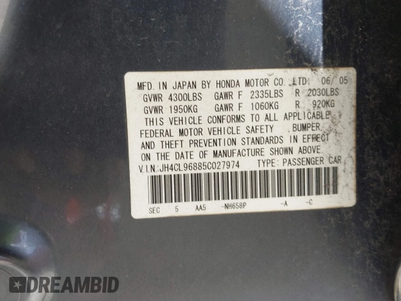2005 Acura TSX с VIN JH4CL96885C027974, выставлен на аукционе IAAI как лот 42782490 с пробегом 133 182 миль миль и . История ставок и продаж доступна на DreamBid. Изображение 9.