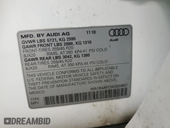 2019 Audi SQ5 Premium Plus with VIN WA1B4AFY3K2020857, listed as a Copart auction lot 39372154 with 55,164 mi miles and . Bid and sale history available at DreamBid. Image 14.