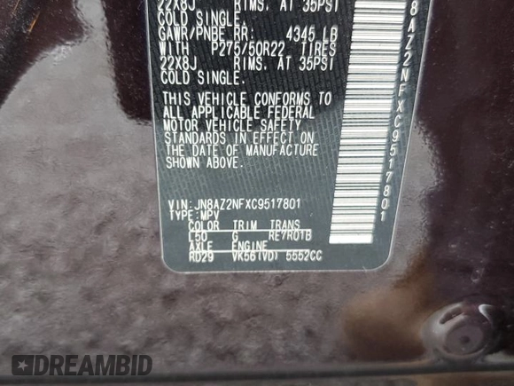 2012 Infiniti QX56 7-passenger with VIN JN8AZ2NFXC9517801, listed as a Copart auction lot 72724824 with 131,185 mi miles and Salvage Title. Bid and sale history available at carsss.com. Image 15.
