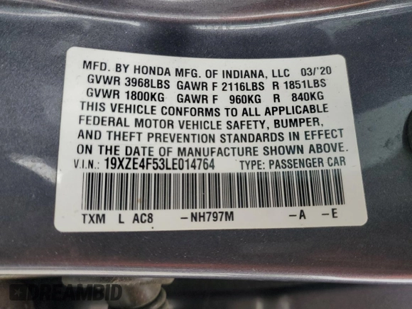 2020 Honda Insight EX with VIN 19XZE4F53LE014764, listed as a Copart auction lot 51767495 with Not Provided miles and Clean Title. Bid and sale history available at carsss.com. Image 12.