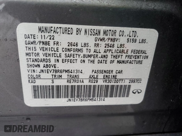 2023 Infiniti Q50 Luxe with VIN JN1EV7BR6PM541314, listed as a Copart auction lot 49377505 with 23,601 mi miles and Salvage title. Bid and sale history available at DreamBid. Image 12.