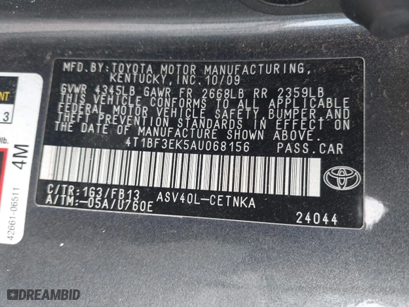 2010 Toyota Camry with VIN 4T1BF3EK5AU068156, listed as a IAAI auction lot 42035585 with 221,889 mi miles. Bid and sale history available at carsss.com. Image 9.